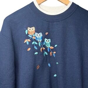 Vintage Top Stitch Morning Sun Owl Embroidered Cozy Sweatshirt L Navy Blue
